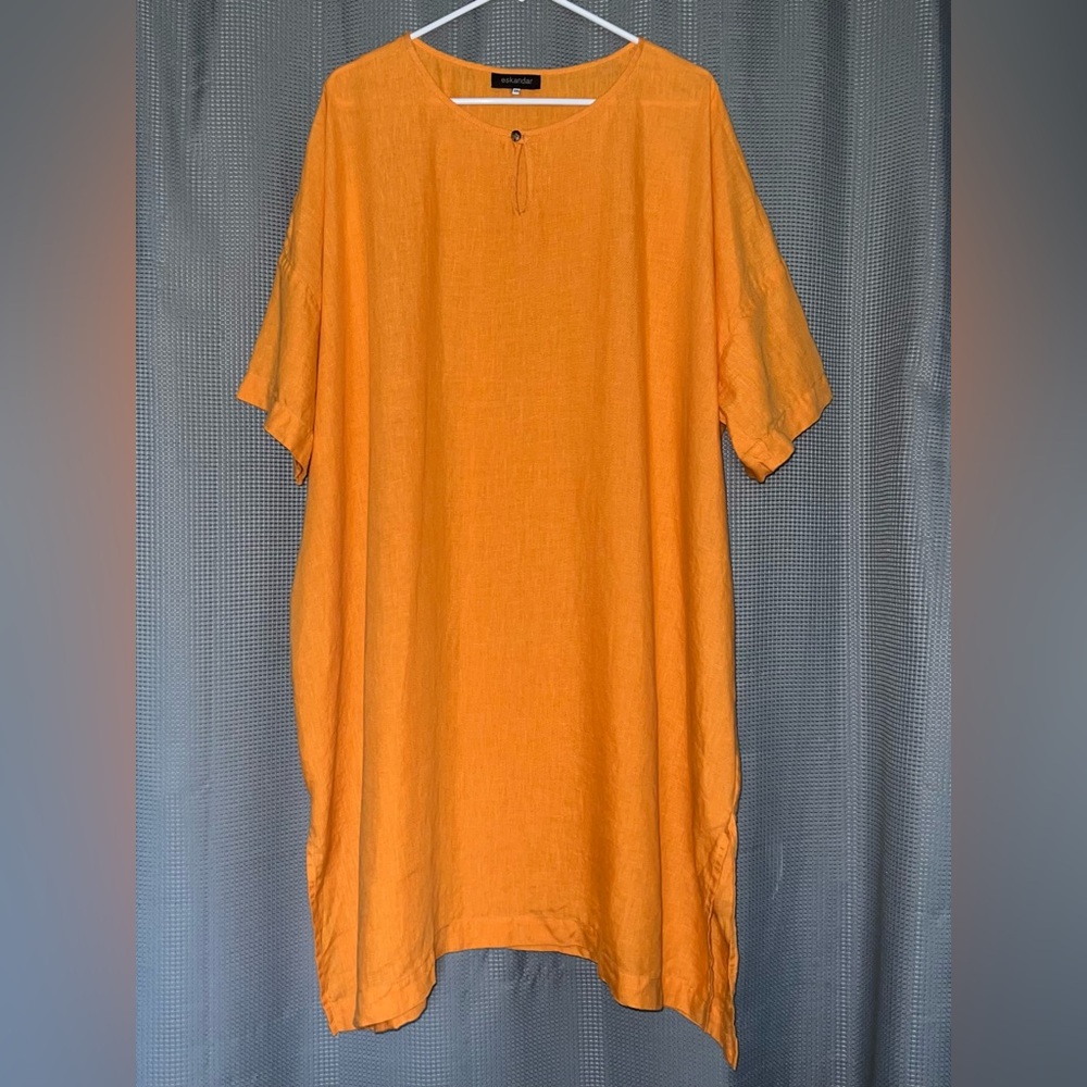 Eskandar O/S Vibrant Orange 100% Linen Tunic Top Dress Lagenlook Beach Resort